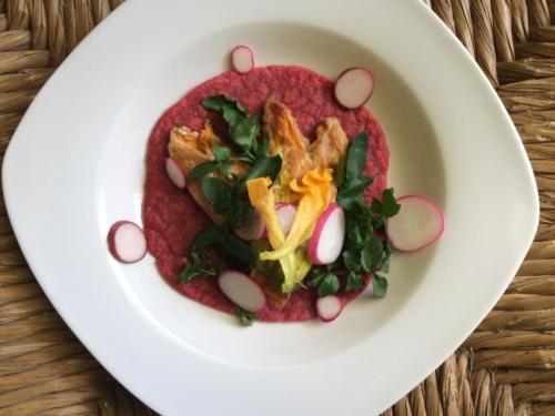 Beetroot tortilla, stuffed courgette blossom taco. Private supperclub.