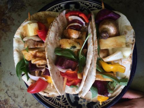 "Rainbows on a stick" Grilled vegetables tacos.  The Peppercorn, vegan restaurant, Huddersfield, England.