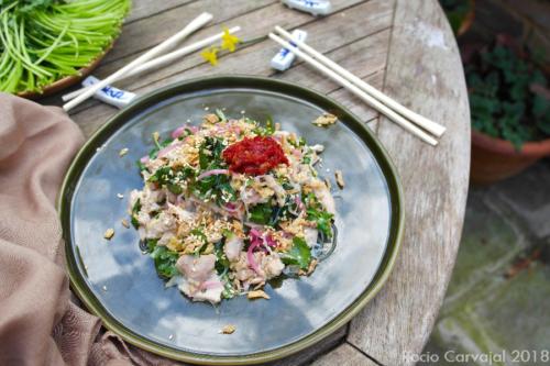 Poached chickenginger sauce and mung bean noodles 