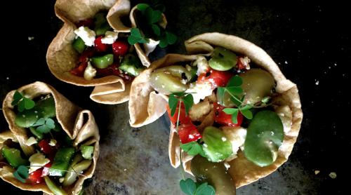 Broadbean salad baskets. Private Supperclub