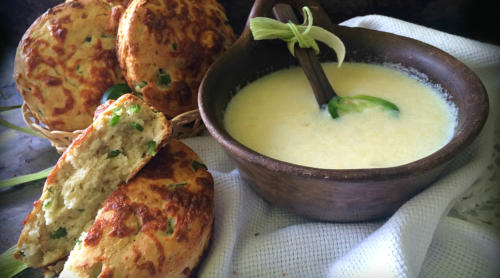 Corn chowder and jalapeno scones. The Peppercorn, vegan restaurant, Huddersfield, England.