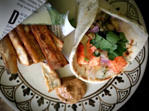 Halloumi and pineapple salsa with sweet potato fries The Peppercorn, vegan restaurant, Huddersfield, England.